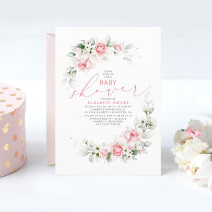 Mjuka Ljusa rosa blommor och Greenery Baby Shower Inbjudningar