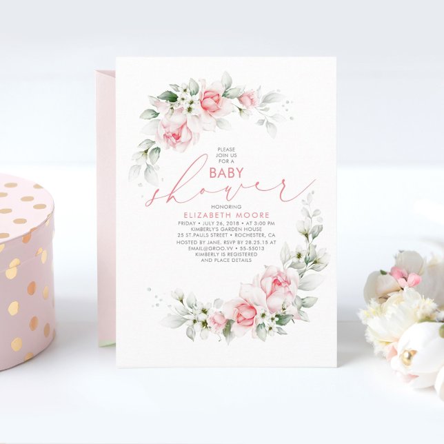 Mjuka Ljusa rosa blommor och Greenery Baby Shower Inbjudningar (Skapare uppladdad)
