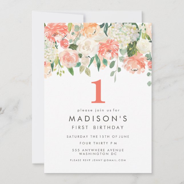 Mjuka målade Blommigtar flickor 1:a födelsedag Inb Inbjudningar (Framsida)