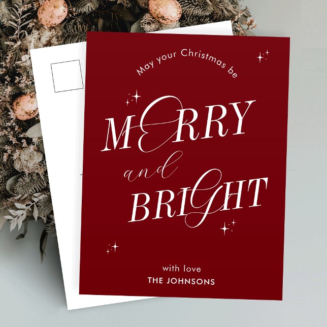 Mjuka och ljusröda skript - icke-fotojul helg vykort (Spread the festive cheer with this elegant merry and bright postcard design)