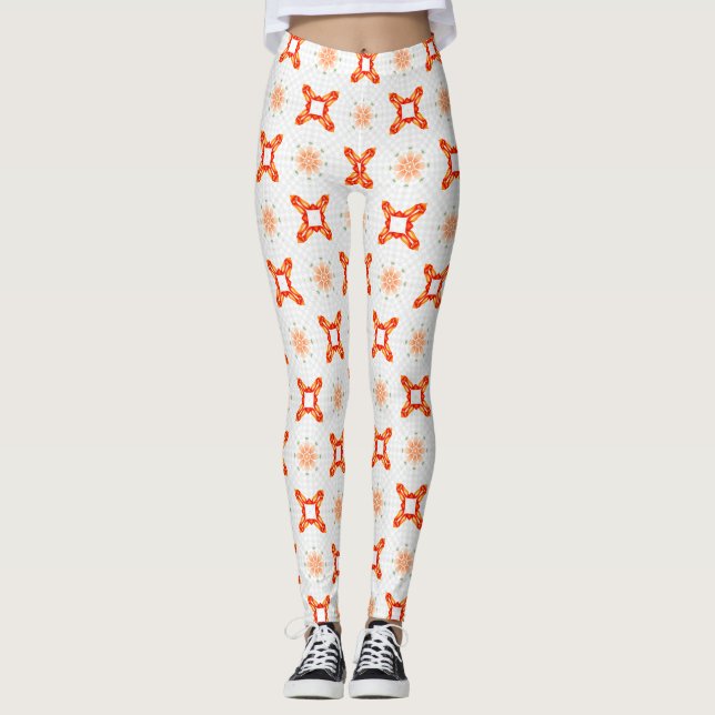 Mjuka orange-röda blommiga och ram-mönstrade Leggi Leggings (Framsida)