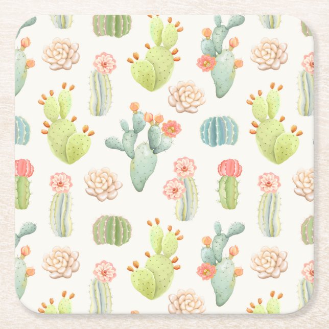 Mjuka pastel Cactus & Succulent Mönster Underlägg Papper Kvadrat (Framsidan)