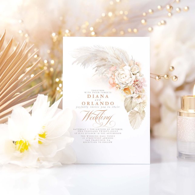Mjuka pastel Flowers Botaniska pampas Grass Bröllo Inbjudningar (Boho Exotic Wedding Invitations)