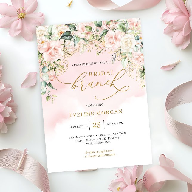 Mjuka pastel rosa ros & guld möhippa brunch inbjudningar (Ethereal pale pink roses sage greenery and gold bridal brunch invitation )
