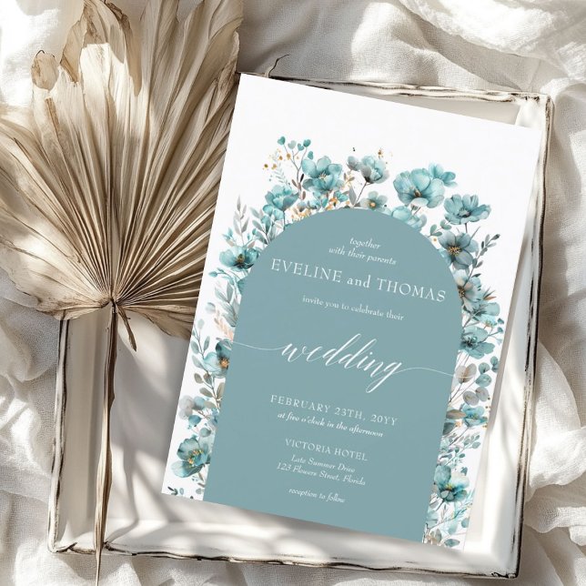 Mjuka pastellartade gröntar: minimalister för turk inbjudningar (Soft pastel green minimalist turquoise wildflowers invitation)