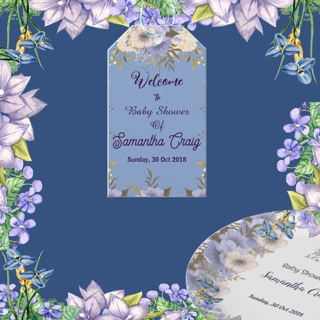 Mjuka Pastellblå Blommor Lila Blommig Baby Shower  Presentetikett (Soft Pastel Blue Flowers Lilac Floral Baby Shower Gift Tags)