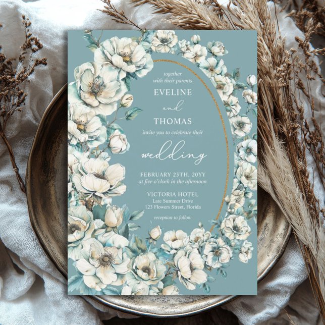 Mjuka pastellsköldpaddor i grönt, trädgård i ro bo inbjudningar (watercolor teal and gold mixed white flowers wedding invitation)