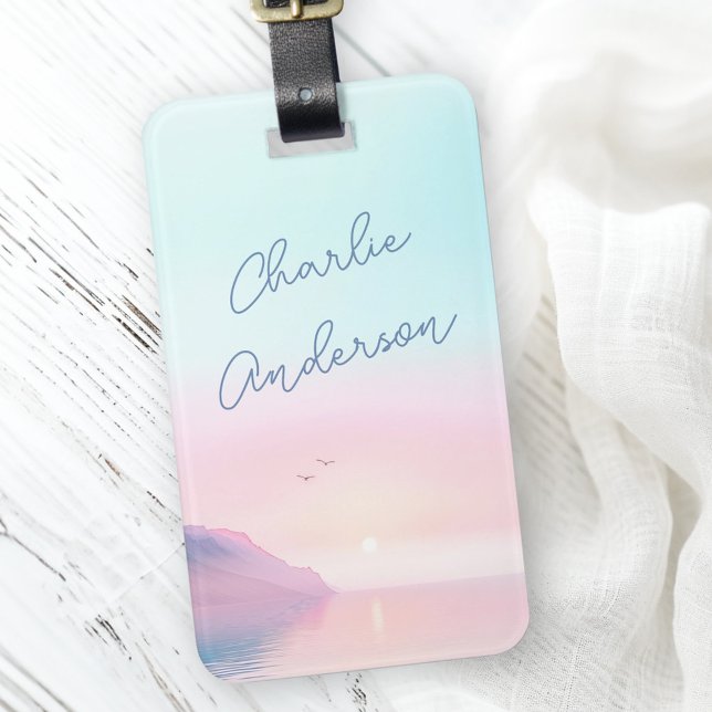 Mjuka pastellsoluppgång med fågelskript namn bagagebricka (Soft pastel sunrise with birds script name luggage tag)