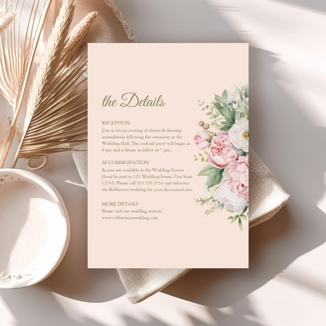Mjuka persiko- och  Blommigt Bröllop-informationsk Inbjudningar (Soft Peach and Blush Floral Wedding Details Card on a boho wedding table.)