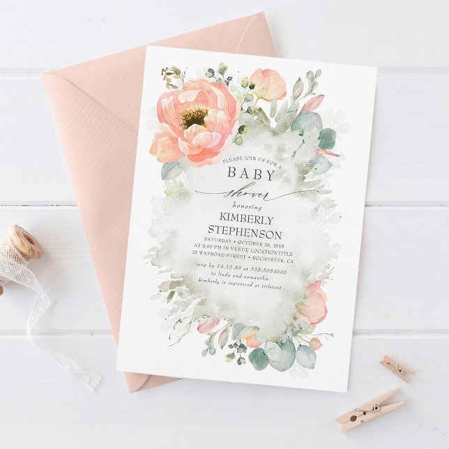 Mjuka persikoblommor Elegant Vår Baby Shower Inbjudningar (Skapare uppladdad)