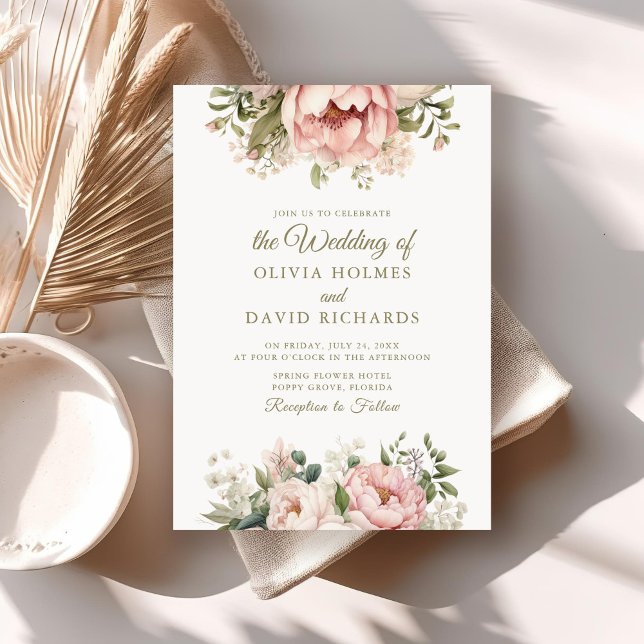 Mjuka persikor och  Rosa Blommigt Bröllop Inbjudningar (Soft Peach and Blush Pink Floral Wedding Invitation on a boho wedding table.)