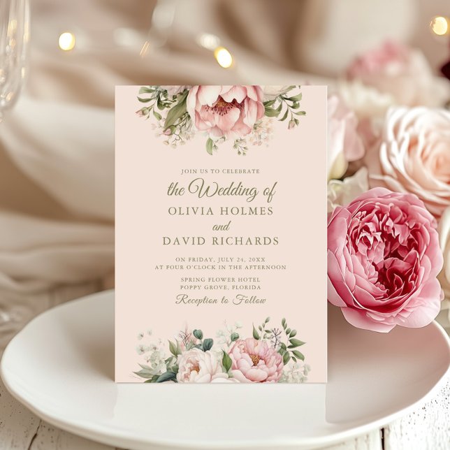 Mjuka persikor och  Rosa Blommigt Bröllop Inbjudningar (Soft Peach and Blush Pink Floral Wedding Invitation on an elegant wedding table with peonies)