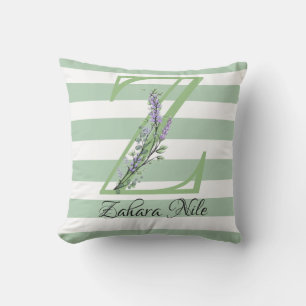 Mjuka remsor grönt monogram lavender greenery thro kudde