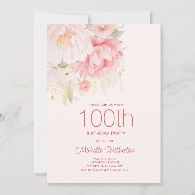 Mjuka Rosa Blommor 100-årsdag Inbjudningar (Framsida)