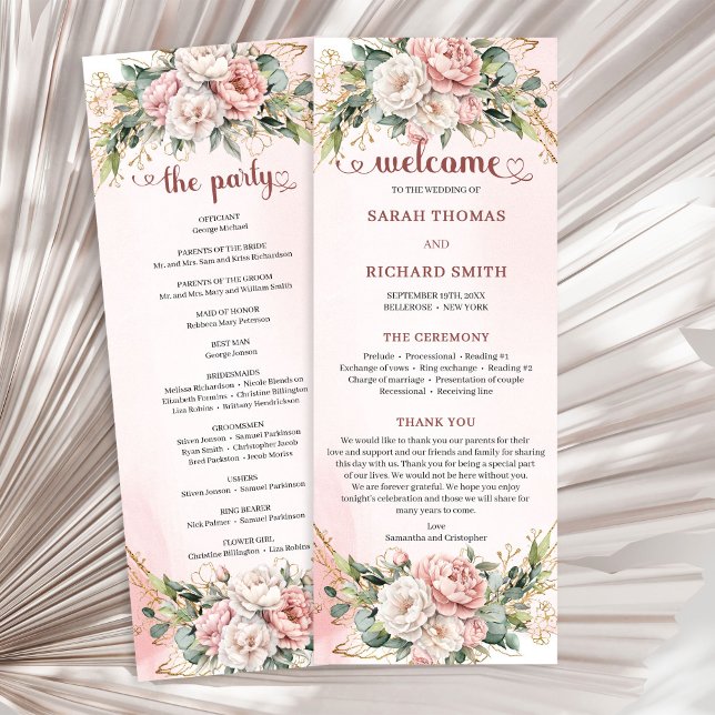 Mjuka Rosa Blommor Eukalyptus Bröllopsprogram Program (Soft Blush Pink Flowers Eucalyptus Wedding Program)