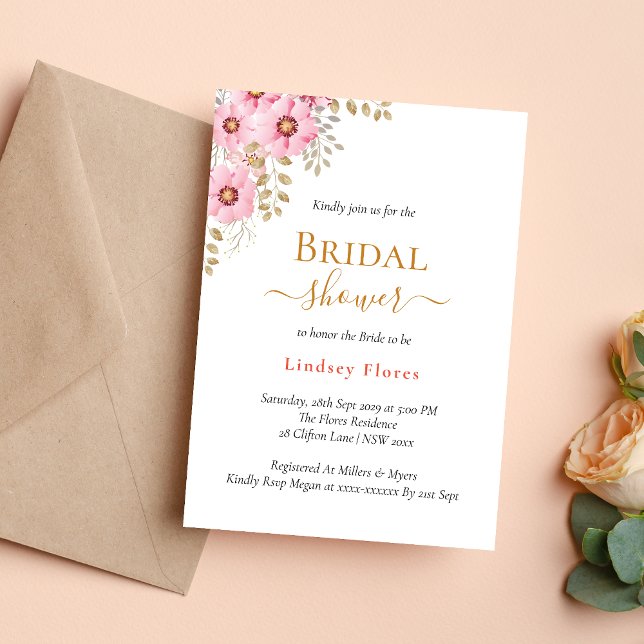 Mjuka Rosa Blommor Grönska Guld Bröllopsdusch Inbjudningar (Soft pink flowers greenery gold invitation adds a fresh, romantic bridal shower feel)