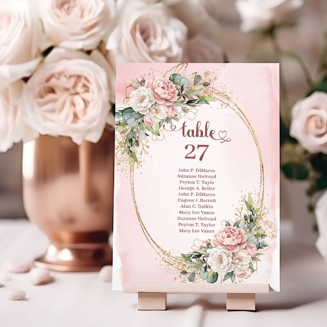 Mjuka Rosa Blommor Guld Glitter Bordnummer Bordsnummer (Soft Blush Pink Flowers Gold Glitter Table Number)