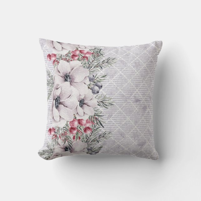 Mjuka rosa blommor på geometrisk grå bakgrund kudde (Framsida)