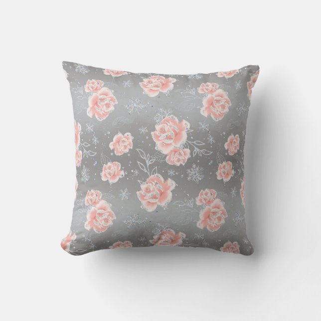 Mjuka Rosa Blommor & Snöflingor Kudde (Framsida)