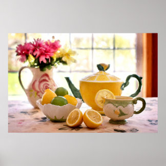 Mjuka Rosa Flowers och citrondryck i Tea Party Poster