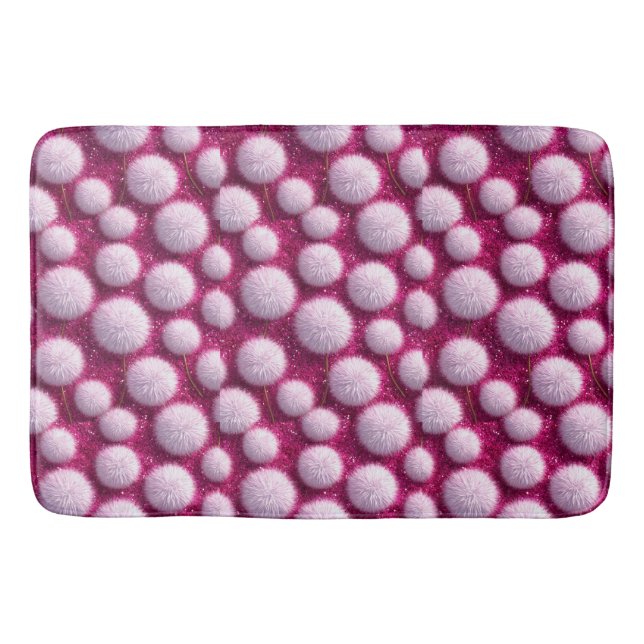 Mjuka Rosa Fluffiga Bollar på Glittrande Vibrerand Badrumsmatta (Framsidan)