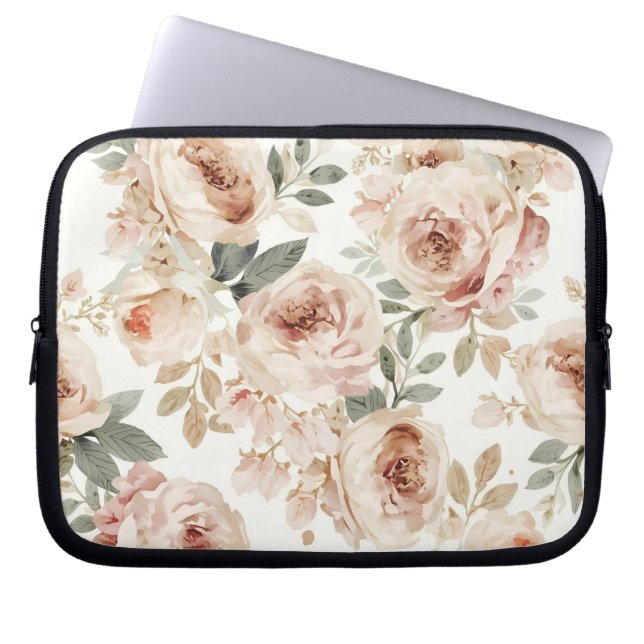 Mjuka Rosa Rosor Akvarell Blommigtryck Botanisk Laptop Fodral (Framsidan)