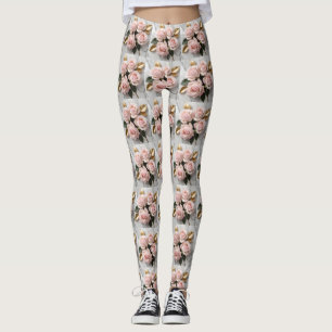 Mjuka Rosa Rosor Med Ömtåliga Gyllene Blad Leggings