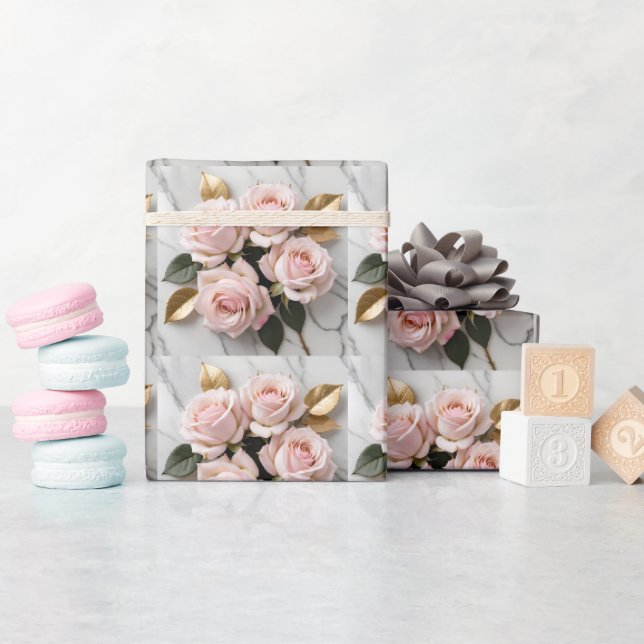 Mjuka Rosa Rosor Med Ömtåliga Gyllene Blad Presentpapper (Baby Shower)