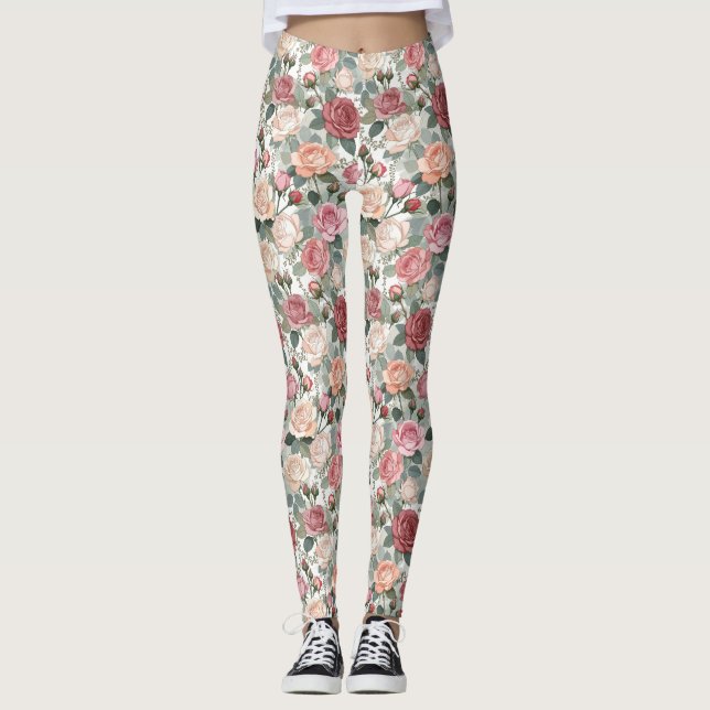 Mjuka Rosor & Lövverk — Modernt Feminint Elegant Leggings (Framsida)