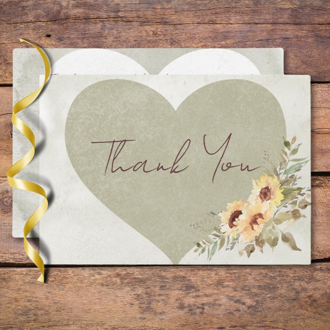 Mjuka solblommor Boho Heart Bröllop - tack, ditt k Tack Kort (Soft Sunflowers Boho Heart Wedding Thank You Card)
