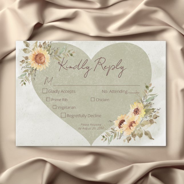 Mjuka solblommor Boho Heart Bröllop Tre middagar OSA Kort (Soft Sunflowers Boho Heart Wedding Three Dinner RSVP Card)