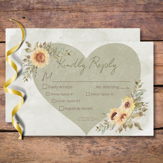 Mjuka solblommor Boho Heart Bröllop Tre middagar OSA Kort (Soft Sunflowers Boho Heart Wedding Three Dinner RSVP Card)
