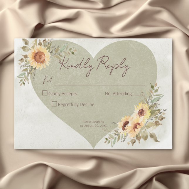 Mjuka solrosor Boho hjärta bröllop OSA Kort (Soft Sunflowers Boho Heart Wedding RSVP Card)