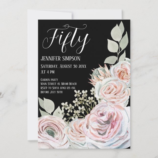 Mjuka vattenfärger, fintvättande blommor Svart föd Inbjudningar (Framsida)