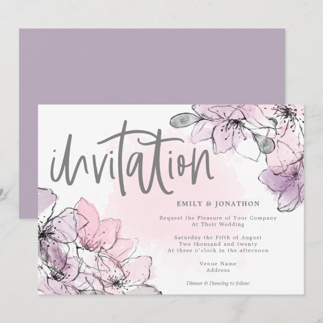 Mjuka vattenfärgsBlommigtar Lilac Rosa Script Bröl Inbjudningar (Fram/baksida)