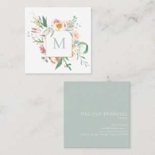 Mjuka vattenfärgsmonogram, Blommigt Fyrkantigt Visitkort