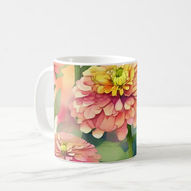Mjuka vattenfärgsZinnia-Blommigt Kaffemugg (Framsida vänster)