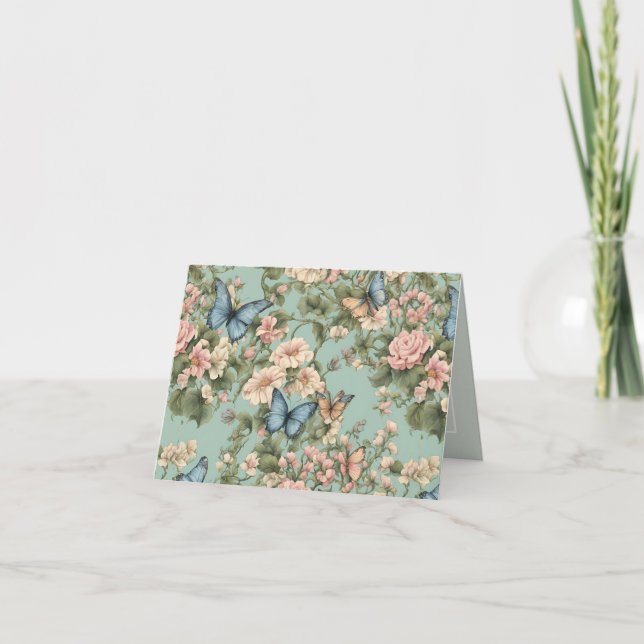 Mjukaste Rosa Blå Blommig & Fjäril  Tack Kort (Framsida)