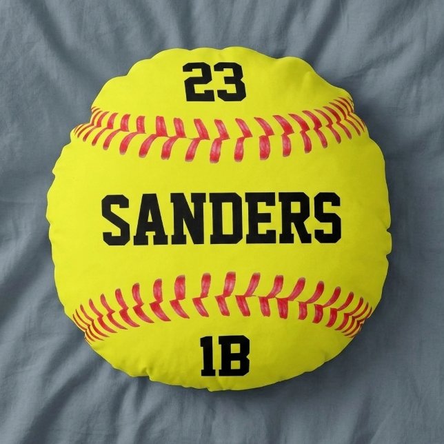 Mjukboll för spelare, Namn, nummer och placering Rund Kudde (Round softball pillow with custom softball player name, player number and position.)