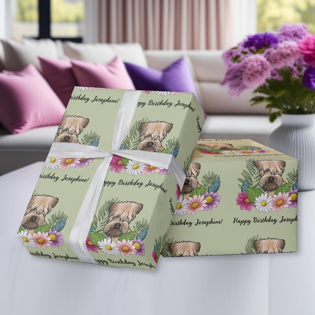 Mjukhårig Wheaten Terrier Blommor Födelsedag Grön Presentpapper (Skapare uppladdad)