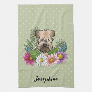 Mjukhårig Wheaten Terrier Färgglada Blommor Grön Kökshandduk