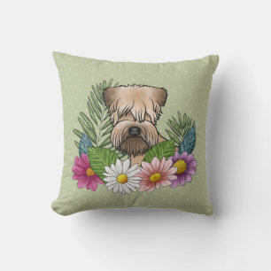 Mjukhårig Wheaten Terrier Färgglada Blommor Grön Kudde