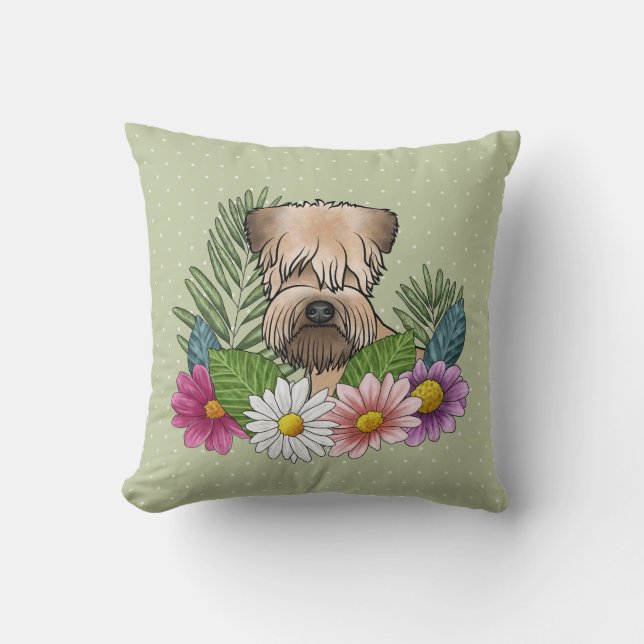 Mjukhårig Wheaten Terrier Färgglada Blommor Grön Kudde (Framsida)