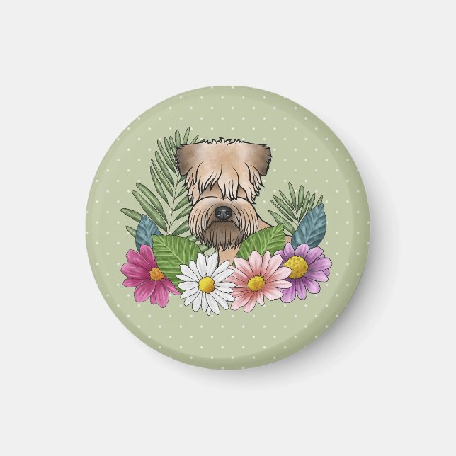 Mjukhårig Wheaten Terrier Färgglada Blommor Grön Magnet (Framsidan)