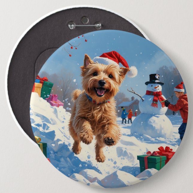 Mjukhårig Wheaten Terrier som springer i snö med j Knapp (Framsida & baksida)