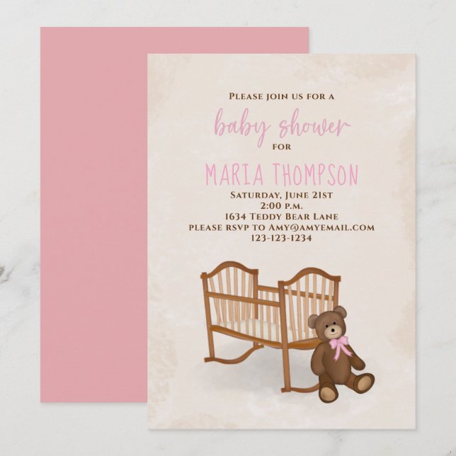 Mjukisdjuret Baby Shower Watercolor Girl Rustic Inbjudningar (Fram/baksida)