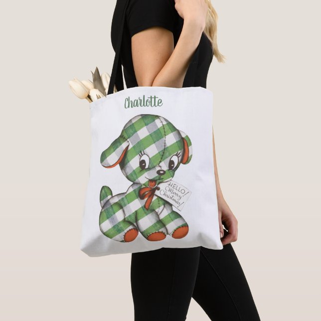 Mjukisdjuret Vintage jul Gingham Puppy Hund Tygkasse (Närbild)