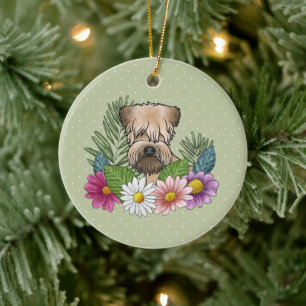 Mjukmantlad Wheaten Terrier Färgglada Blommor Grön Julgransprydnad Keramik