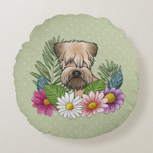 Mjukmantlad Wheaten Terrier Färgglada Blommor Grön Rund Kudde