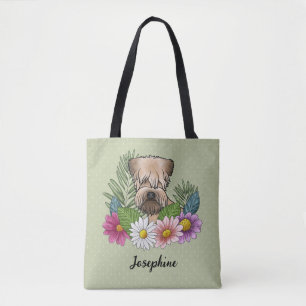 Mjukpälsad Wheaten Terrier Färgglada Blommor Grön Tygkasse